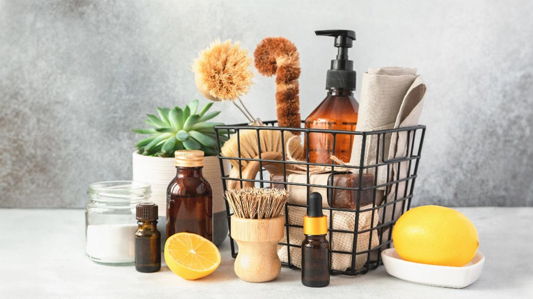 An image of organic cleaning supply with essential oils and natural soap