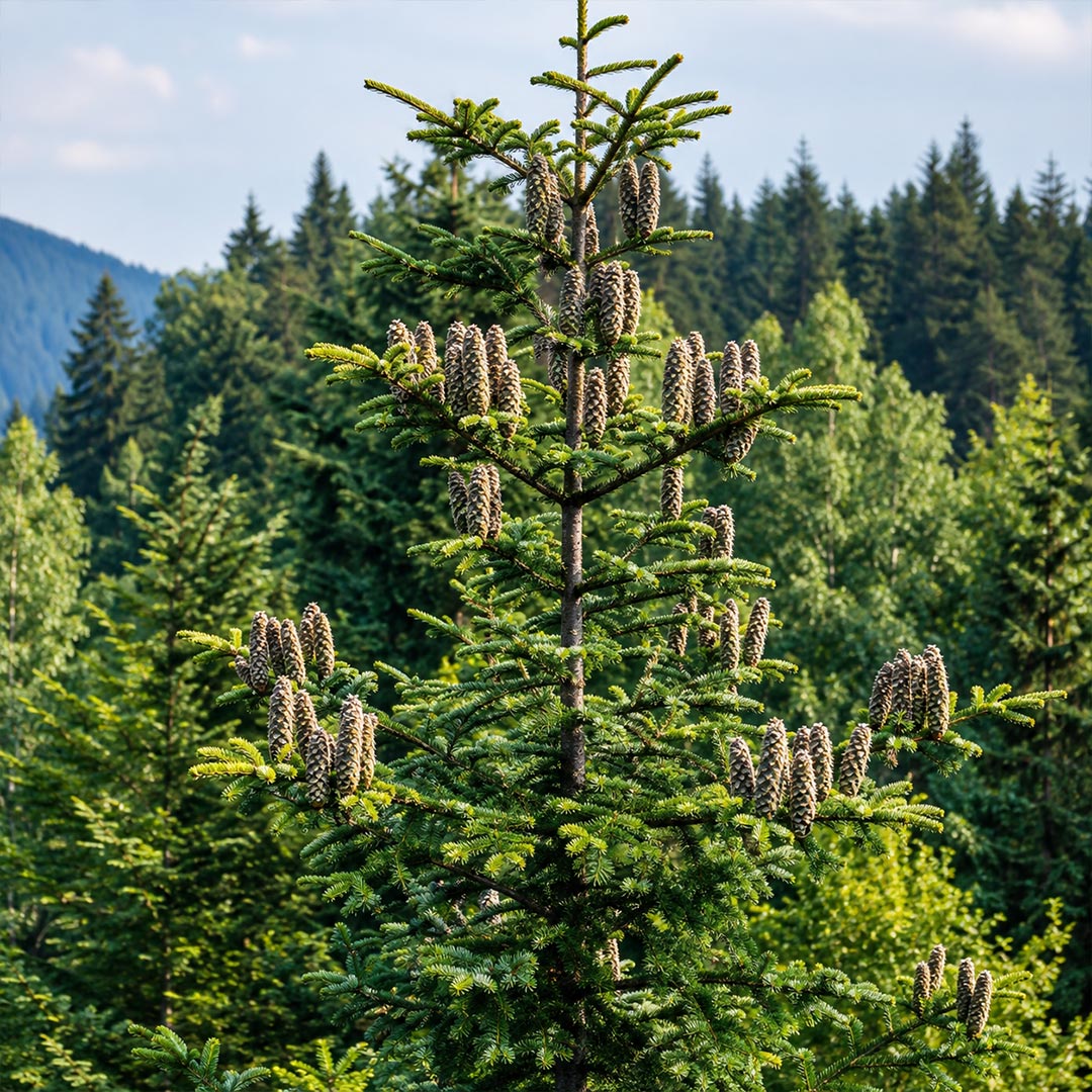 A young evergreen tree Abies alba with green needles and clusters of brown pine cones, standing in a dense forest with mountains in the background.