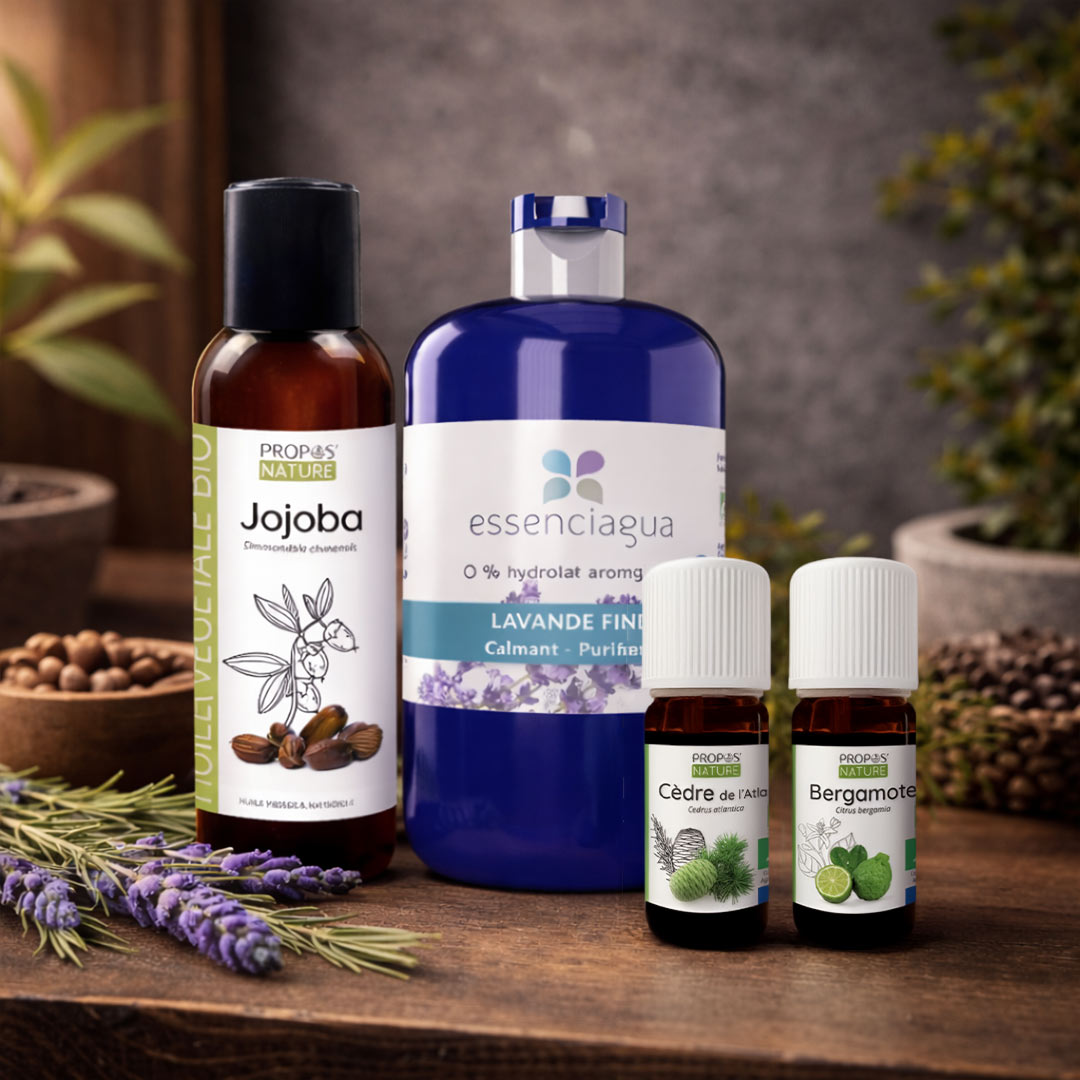 Collection of essential oil bottles on a wooden surface with plants in the background