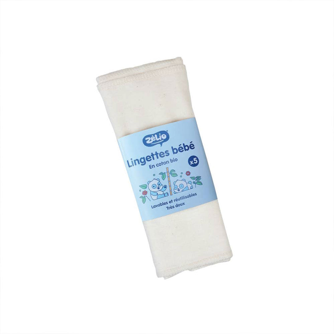 A folded white cotton baby washcloth with a light blue paper label that reads 'Zelio Lingettes bébé' and 'x5', shown on a plain white background.