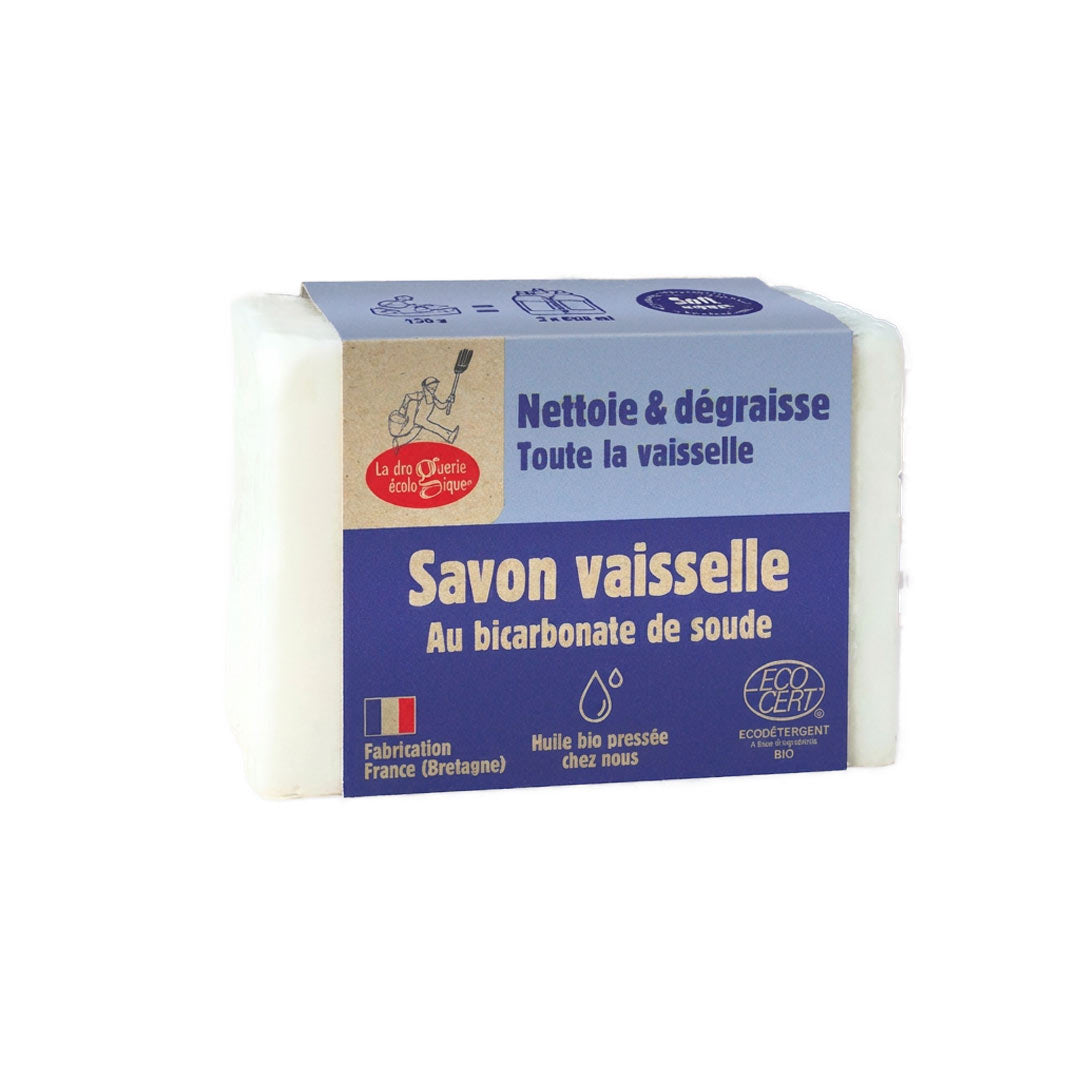 Bar of soap with blue label on a white background - Dishwashing Soap with Baking Soda, 150g