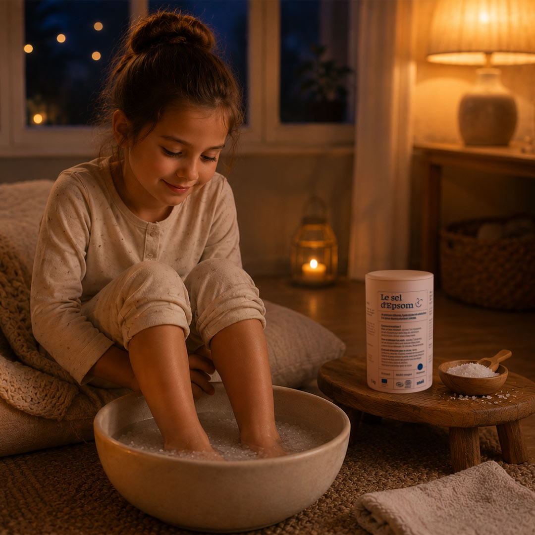 A girl soaking her feet in a bowel of water with epsom salt in a tube on the side