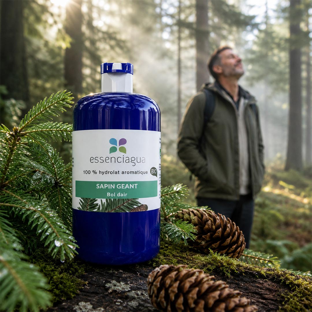 A bottle of essenciagria Sapin Geant (Gian Fir) hydrosol bottle is displayed on a mossy log in a misty forest, with pinecones and evergreen branches in the foreground and a man in the background misty in the forest. The product is a deep blue bottle with a white and green label.