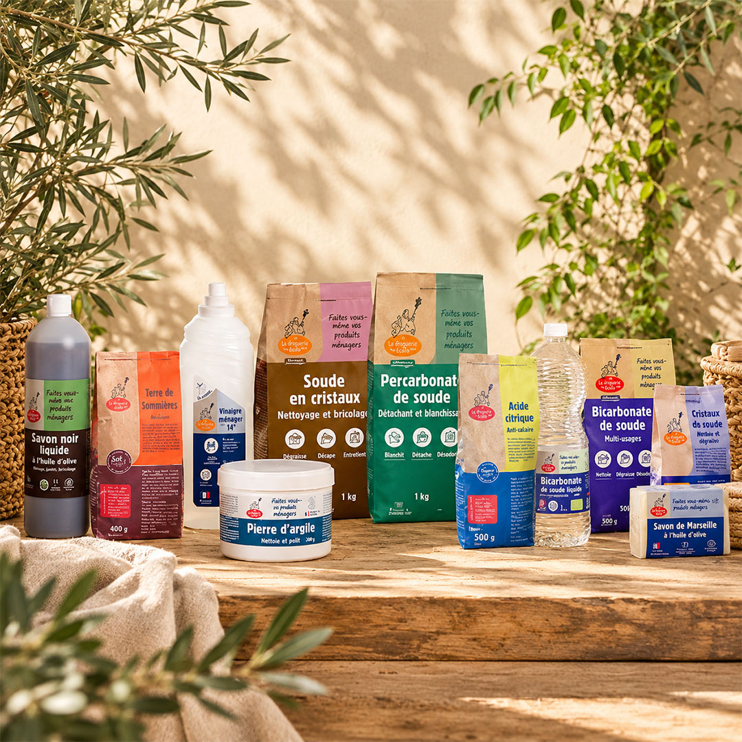 A collection of natural cleaning products arranged on a rustic wooden table outdoors, surrounded by olive branches and dappled sunlight.
