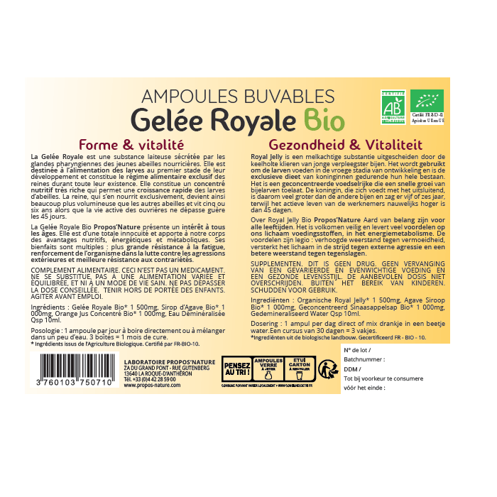 Propos'Nature Organic Royal Jelly - 1500 mg (certified organic) - 10 x 10ml ampoules - Elliotti