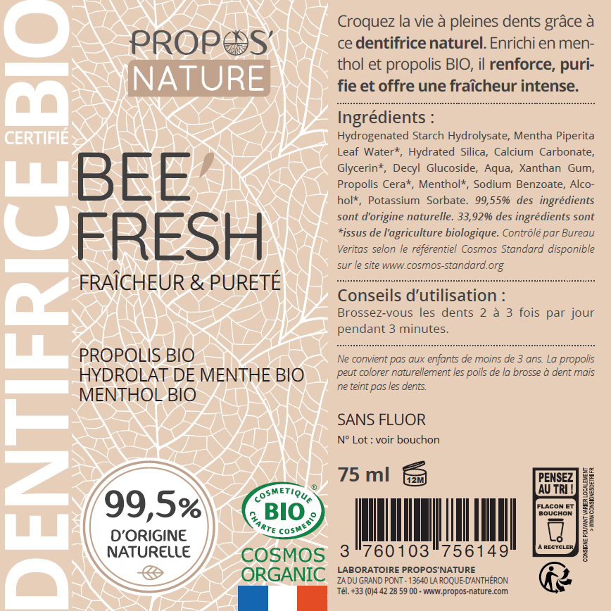 Laboratoire Propos'Nature Organic Toothpaste - Propolis & Menthol - Fluoride Free - 75ml - Elliotti