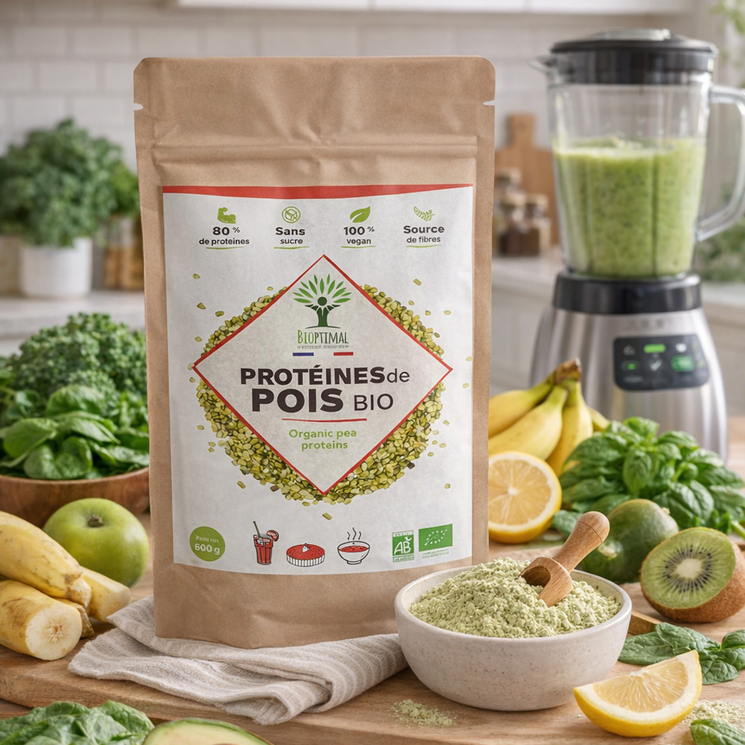 Bag of protein powder with a blender and fresh produce in the background