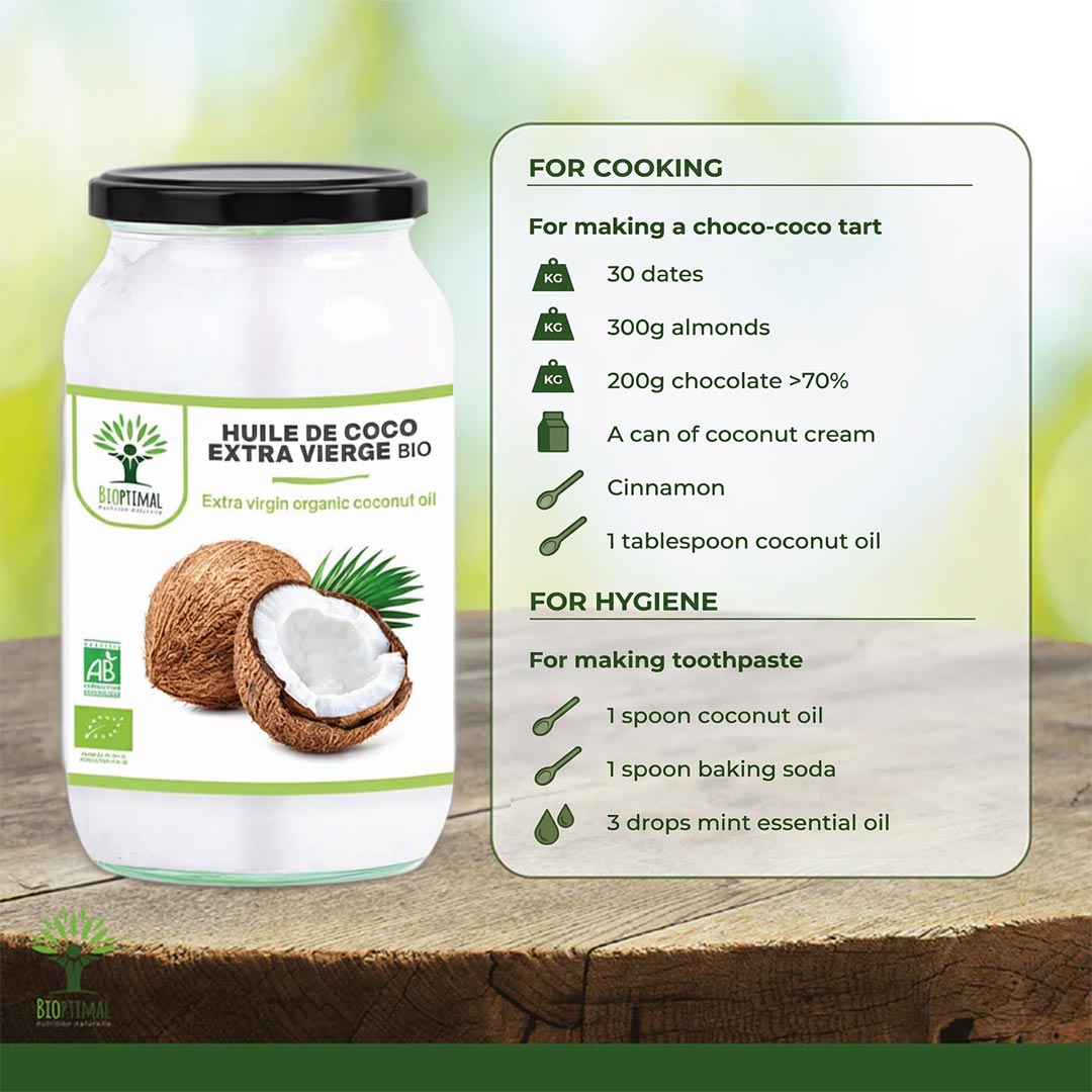 Coconut oil container with uses for cooking and hygiene on a wooden surface