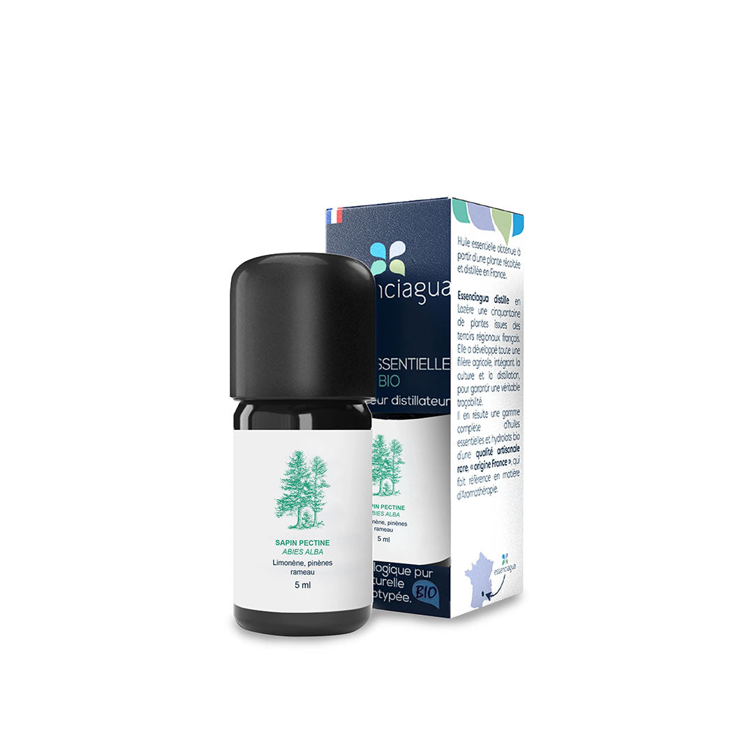A 5 ml bottle of Essenciagua essential oil with a black cap and white label, standing next to its blue and white product box on a white background.