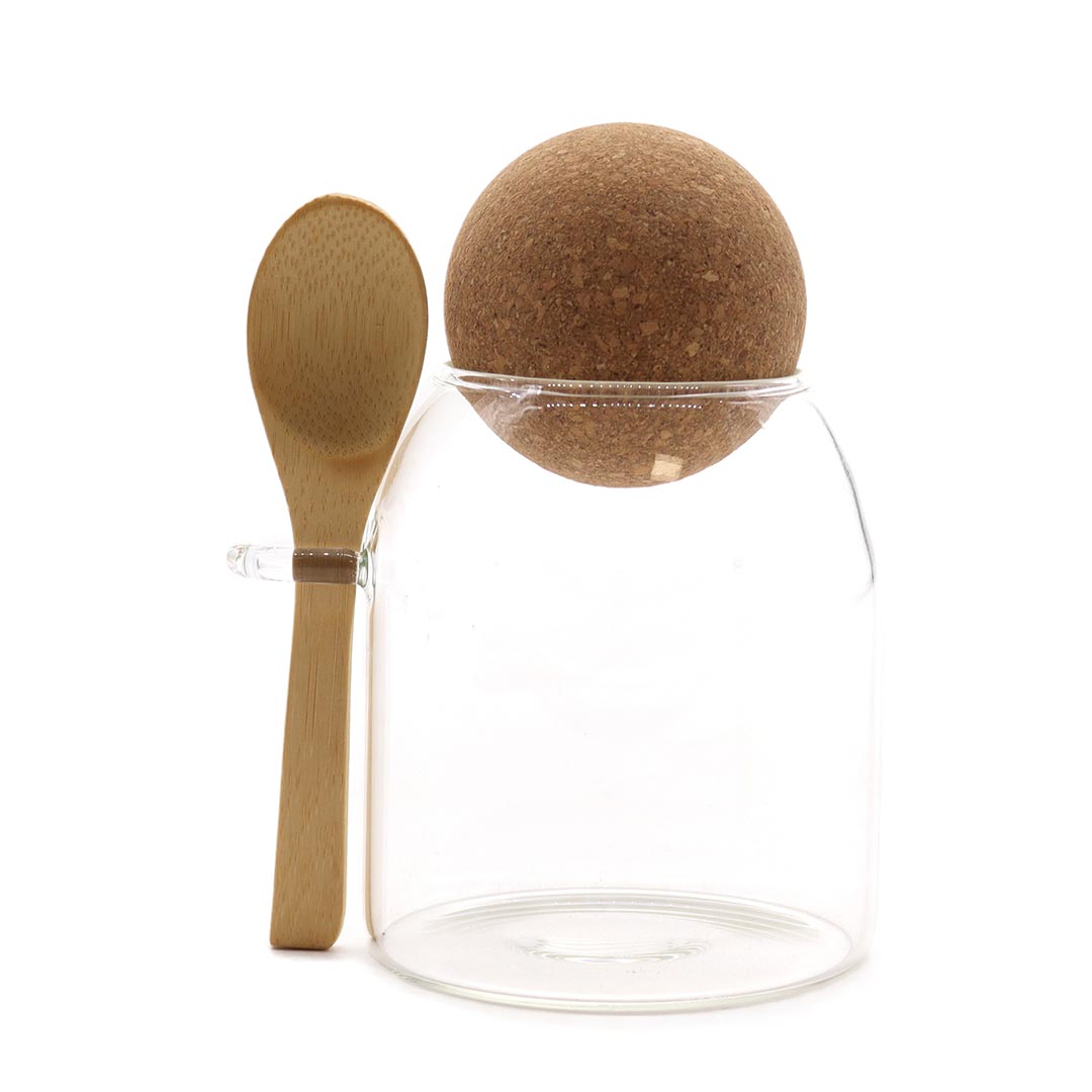AW Artisan Small Glass Jar with Cork Ball & Spoon, 10cm - Elliotti