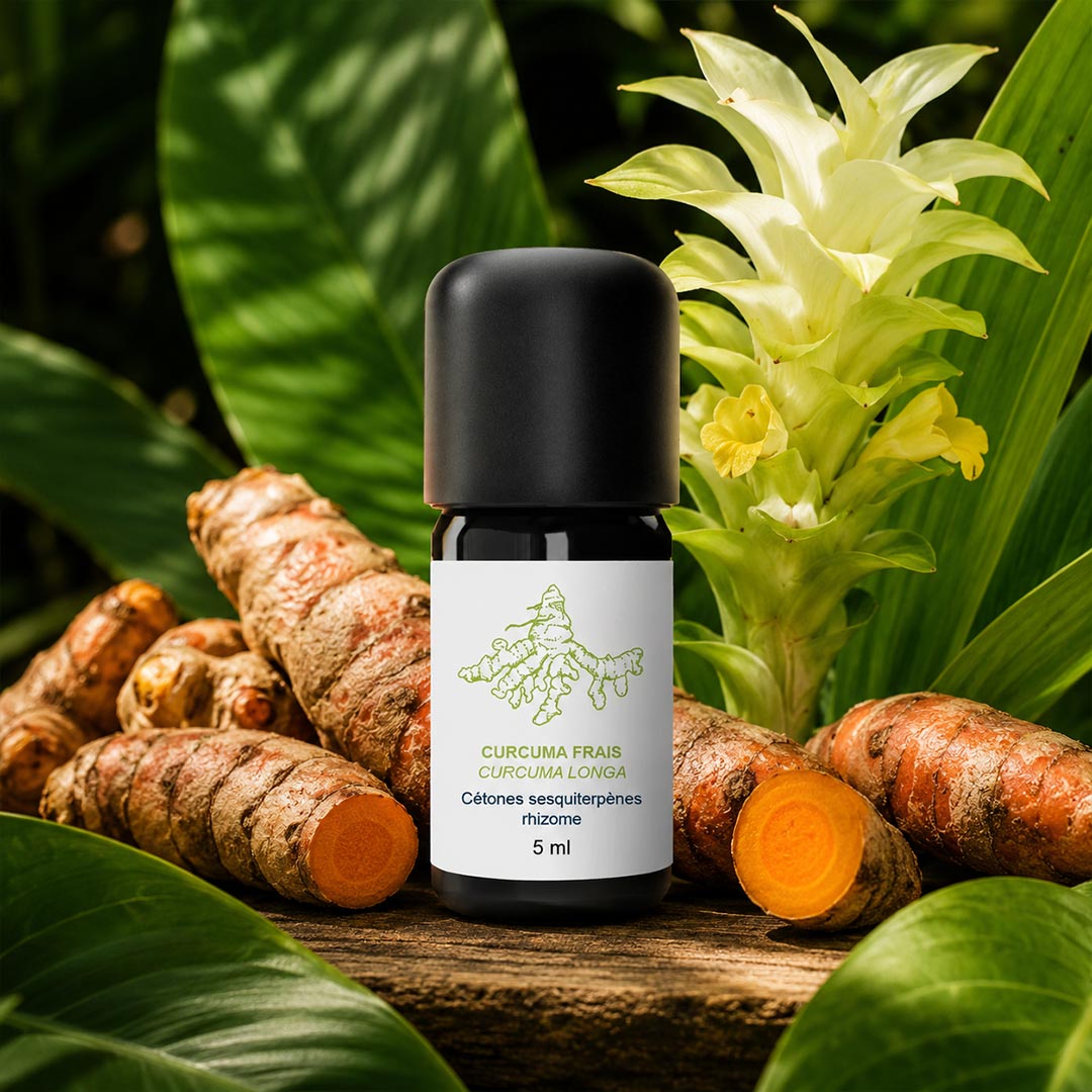 A 5 ml bottle of turmeric oil with a black cap and white label, styled on a wooden surface with fresh turmeric roots, green leaves, and a yellow turmeric flower.