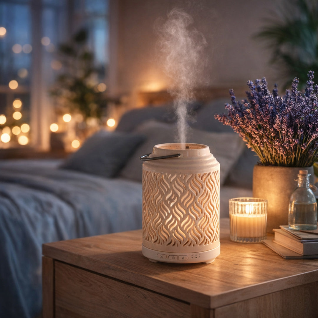 Venise aroma diffuser staning on night stand in a bedroom with cozy lightning and lavender flowers