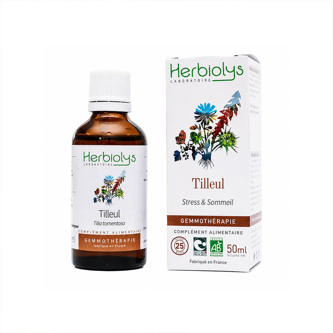 A bottle and box of Herbiolys Laboratoire Tilleul Stress & Sommeil gemmotherapy supplement, featuring an amber glass bottle and a white box with botanical illustrations, on a white background.