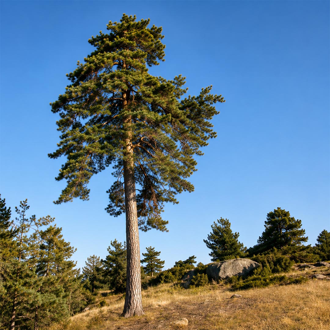 A tall pine tree stands on a grassy hillside under a clear blue sky, with smaller trees and rocks in the background. Pinus sylvestris