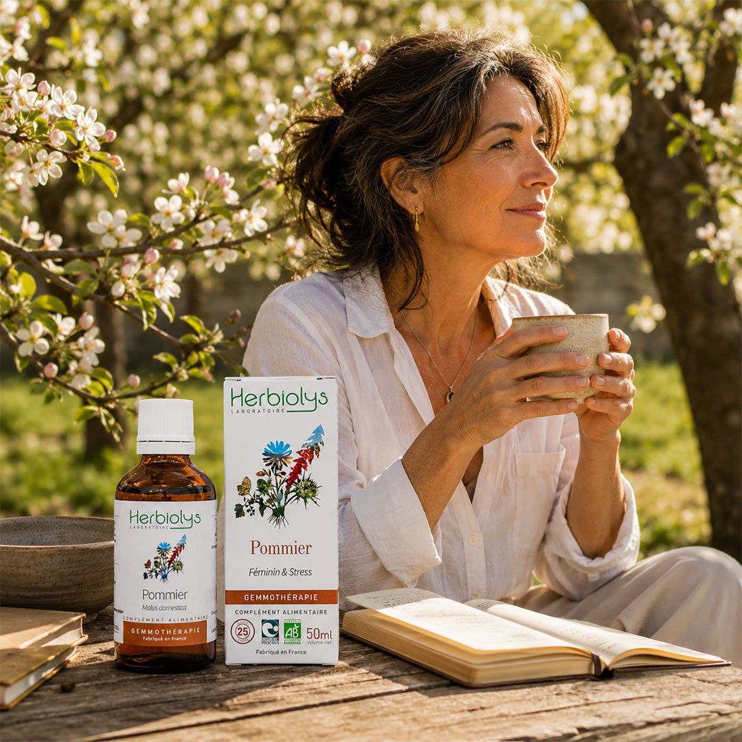 A woman in a white blouse sits outdoors on a wooden table holding a cup, with a bottle and box of Herbiolys Pommier herbal remedy in front of her. Blossoming apple  trees and a garden are visible in the background, along with an open book on the table.