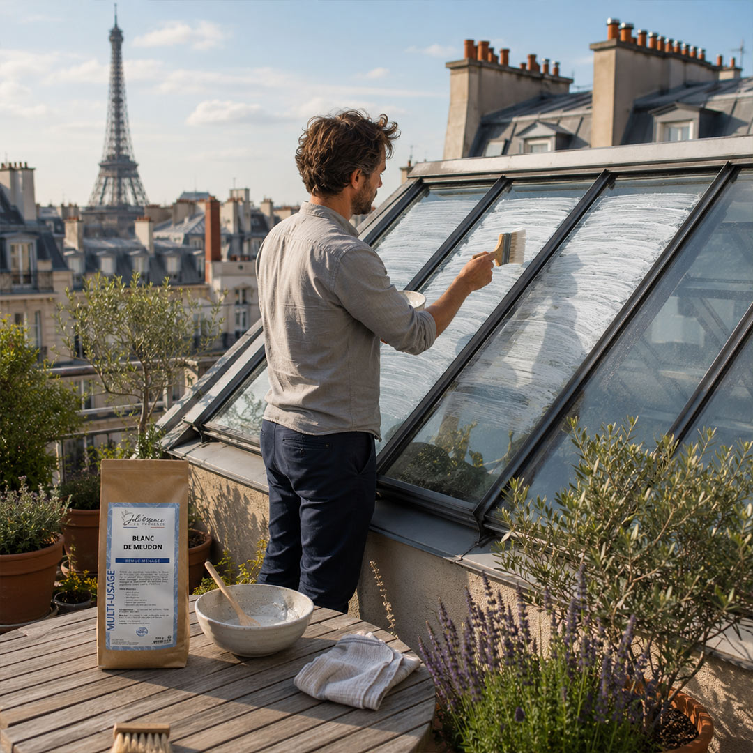 Man applying Blanc de Meudon on a rooftop window with the Eiffel Tower in the background