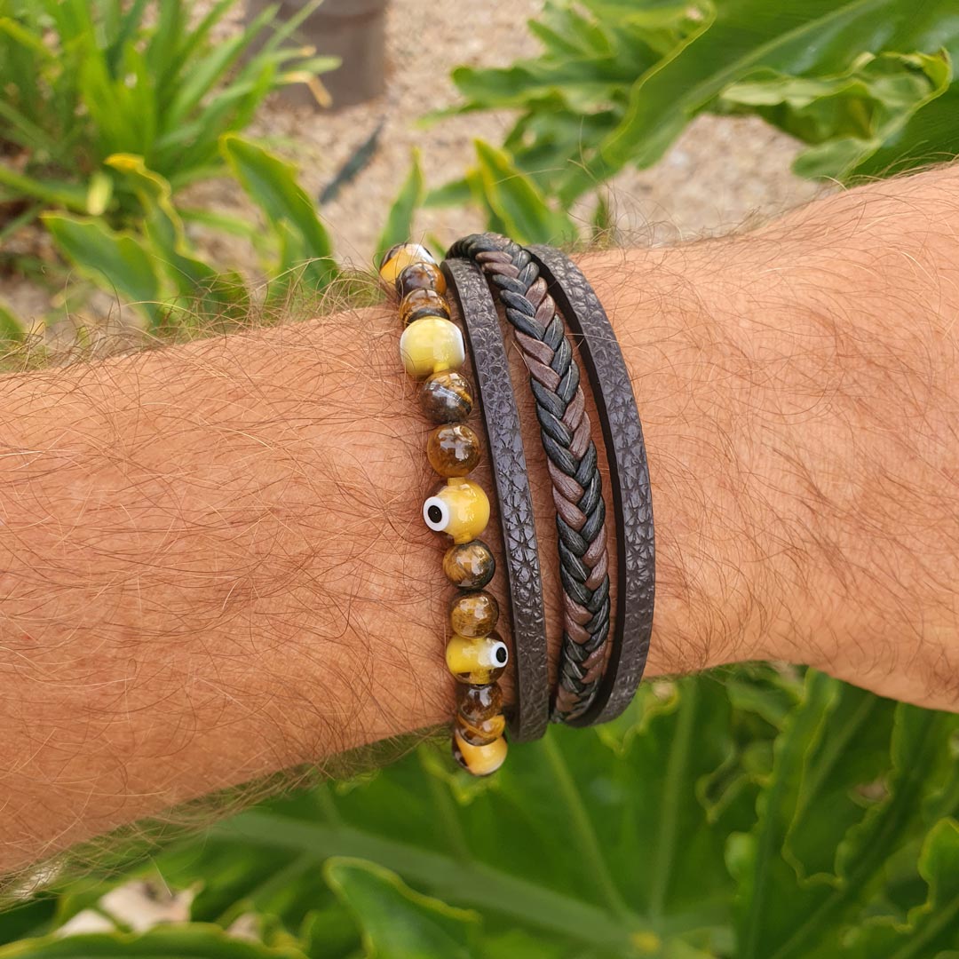 Innobiz Braided Leather Bracelet with Tiger's Eye & Turkish Eye - Elliotti