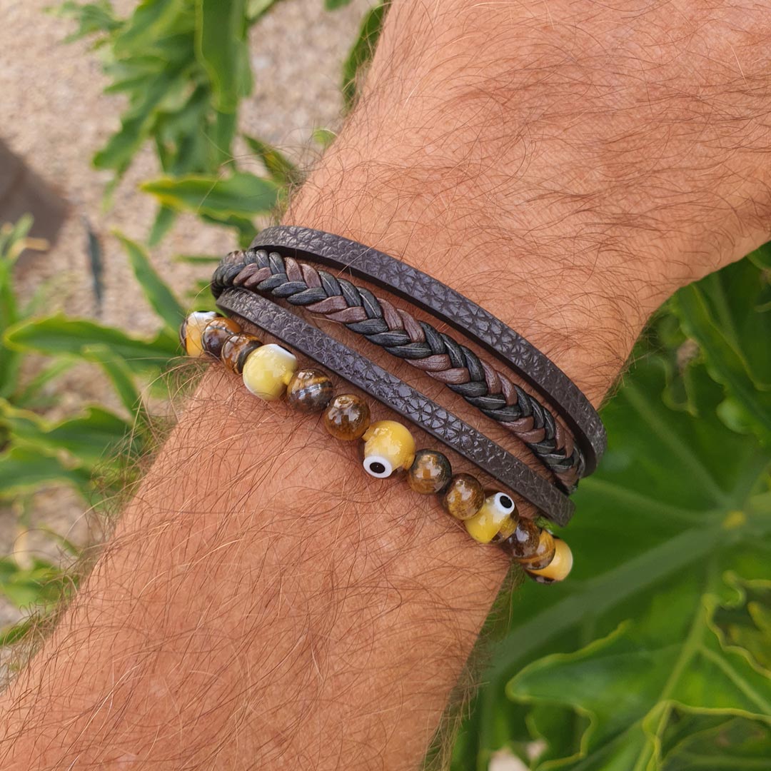 Innobiz Braided Leather Bracelet with Tiger's Eye & Turkish Eye - Elliotti