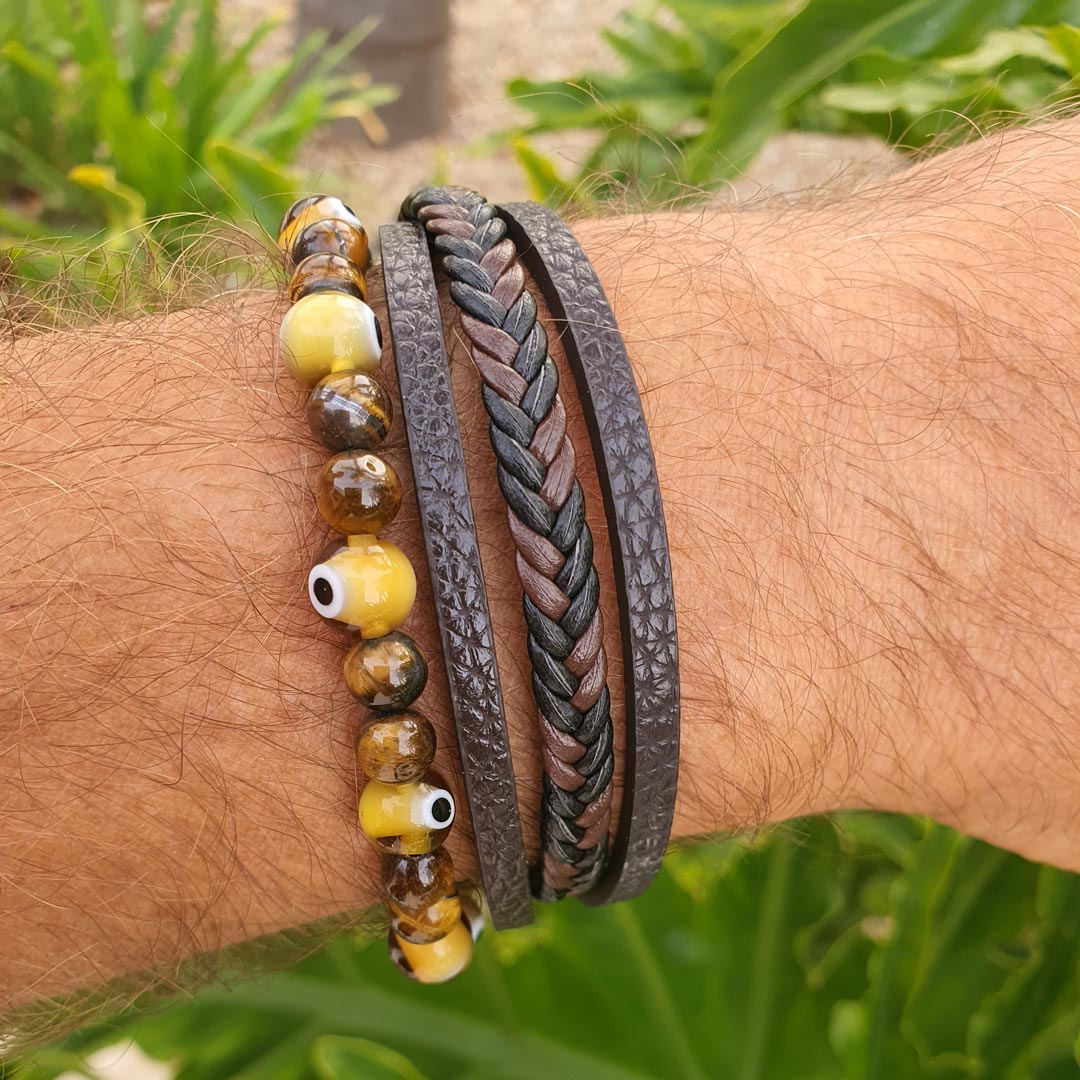 Innobiz Braided Leather Bracelet with Tiger's Eye & Turkish Eye - Elliotti