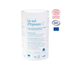 Epsom salt container with certification logos on a white background