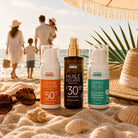 Sunscreen products on a beach with a family in the background