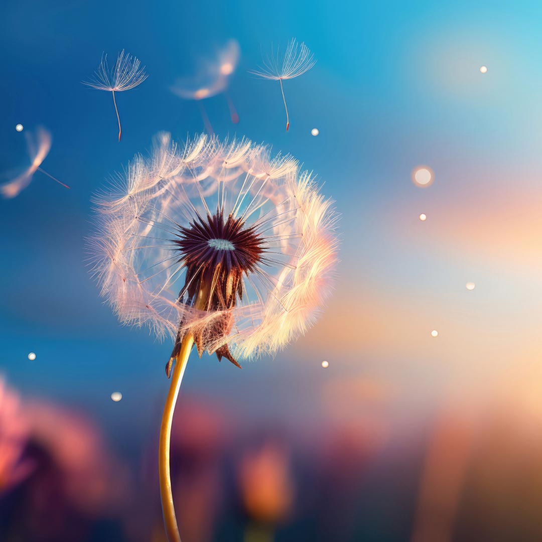 A dandelion flower blowing in the wind