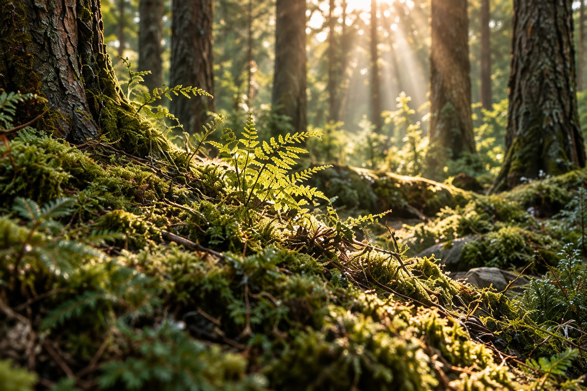 Lush forest with moss, ferns and sunlight