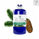 A blue bottle of essenciagua Sapin Geant (Giant Fir) with a white label, flanked by green pine branches and a pinecone on a white background with a small icon in the top right corner.