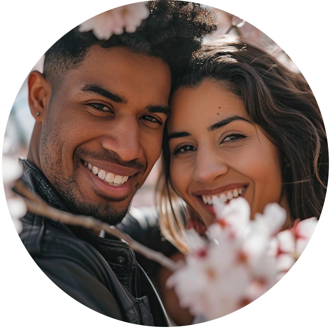 A young couple looking at the camera behind flowers on a tree