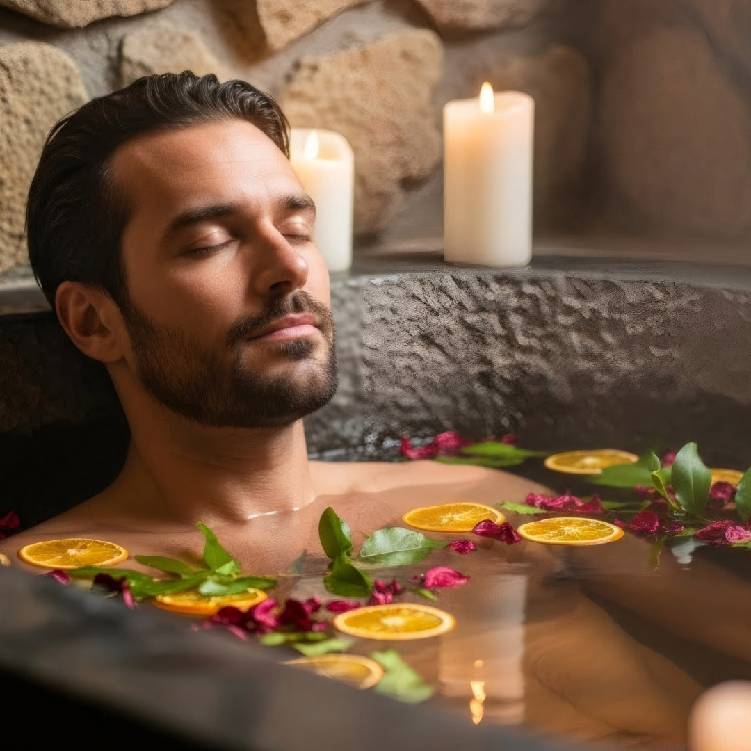 Man in the bath tub with floating orange slices and red flowers. Candles on the side