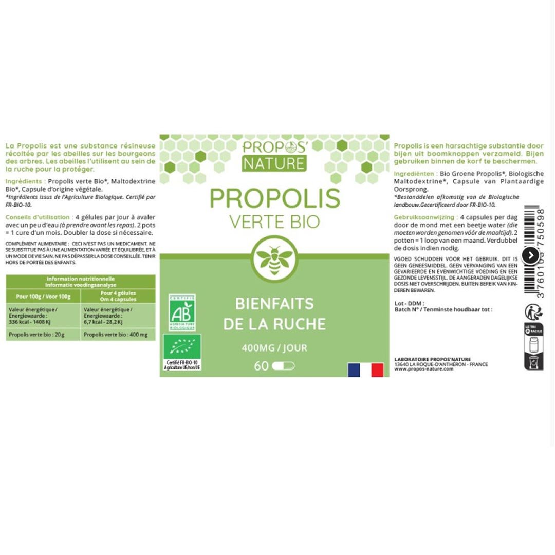 Propos'Nature Organic Green Propolis, 60 Capsules - Elliotti