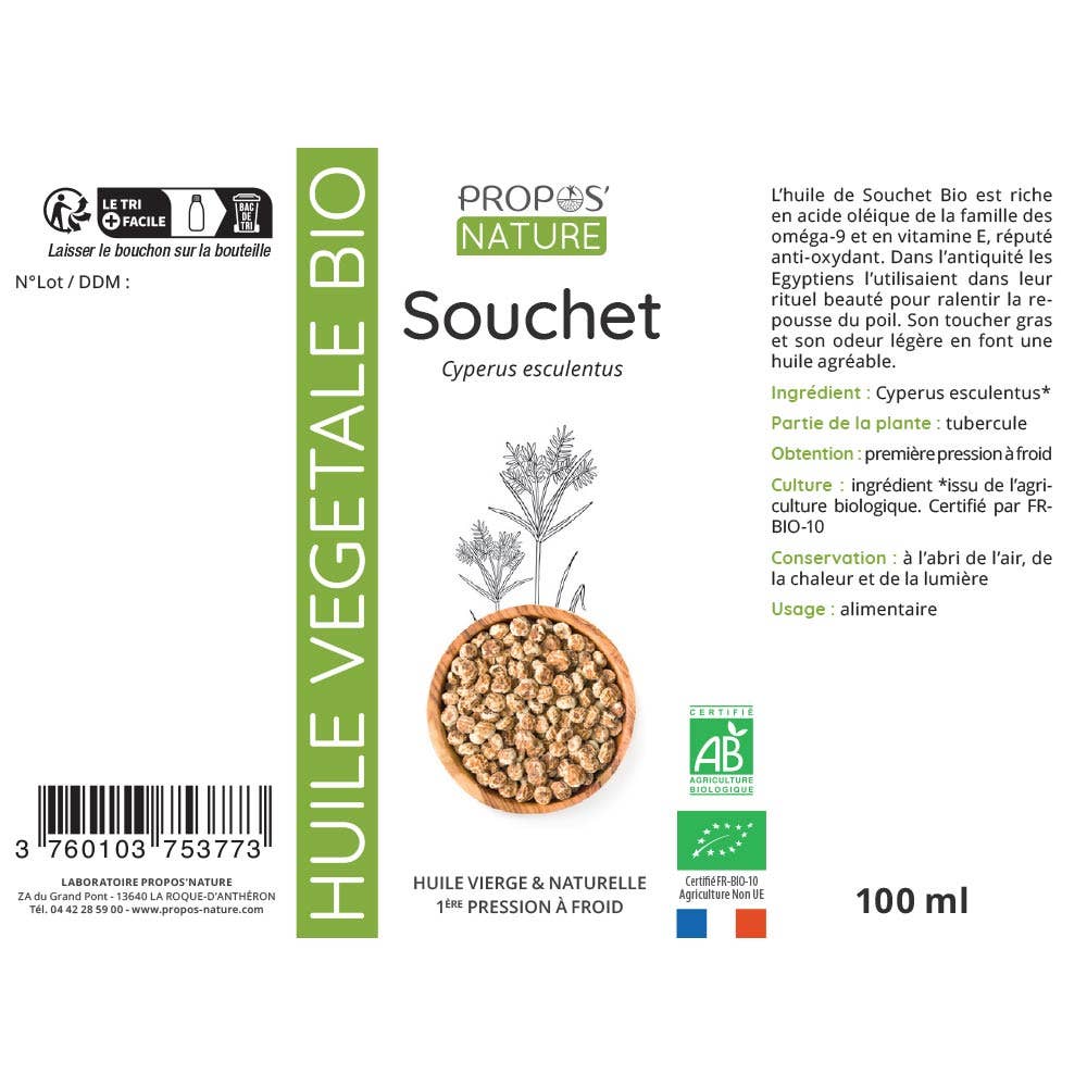 Propos'Nature Organic Tiger Nut Oil, label - Elliotti