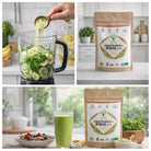 Collage of images showing a blender with ingredients, a package of 'Proteines de Pois Bio', and a smoothie.