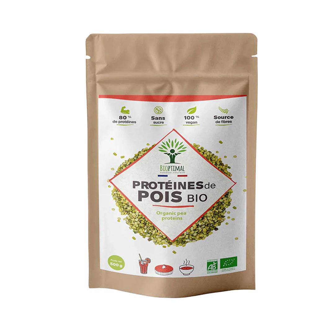 Package of organic pea protein with a brown background