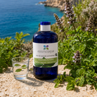 A bottle of Essenciagua Peppermint organic hydrosol stands on a sandy stone next to a glass of mint water, with peppermint plants and the blue ocean in the background.