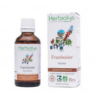 A bottle of Herbiolys Laboratoires Framboisier Féminin gemmothérapie supplement next to its white packaging box, featuring botanical illustrations and certification logos.