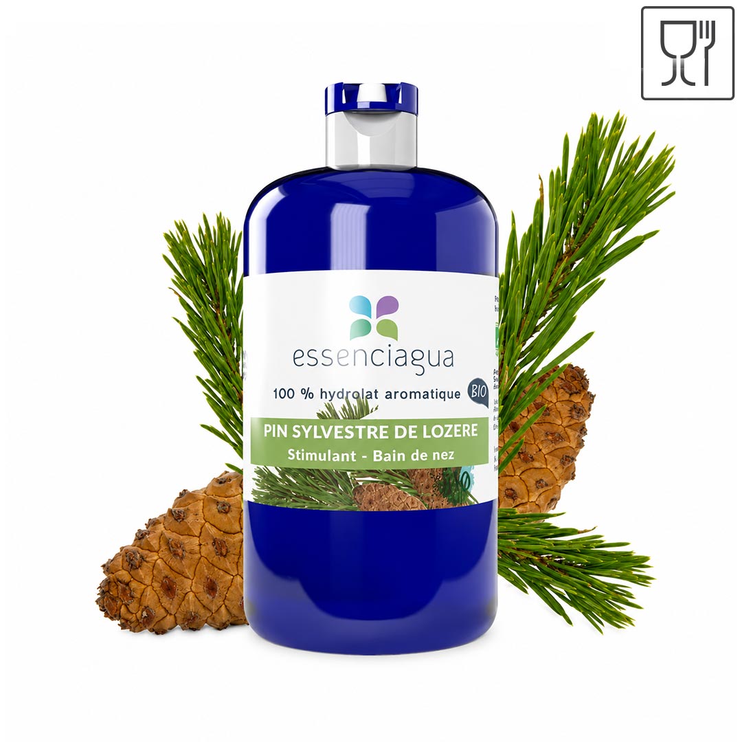 A 500 ml bottle of essenciagua Pin Sylvestre de Lozere (Scots Pine) hydrosol, shown with pine needles and pinecones on a white background with a small icon in the top right corner.