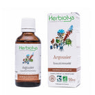 A bottle and box of Herbiolys Laboratoires Argousier (Sea Buckthorn) gemmothérapie supplement, featuring an amber glass bottle with a white cap and a white box with botanical illustrations.