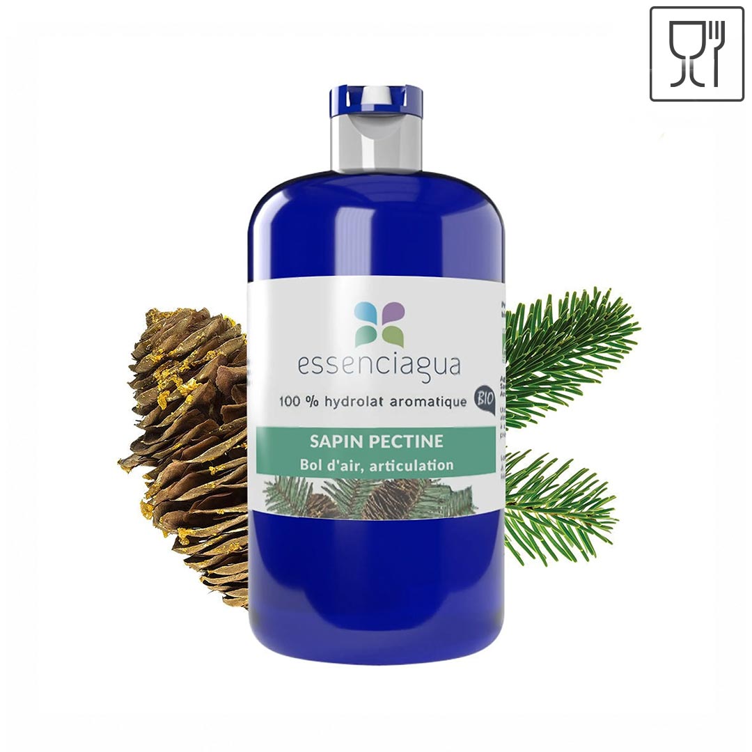 A blue plastic bottle of essenciagua Sapin Pectine (Silver Fir) with a white and green label, flanked by a pinecone and green pine branches on a white background with a small icon in the top right corner.