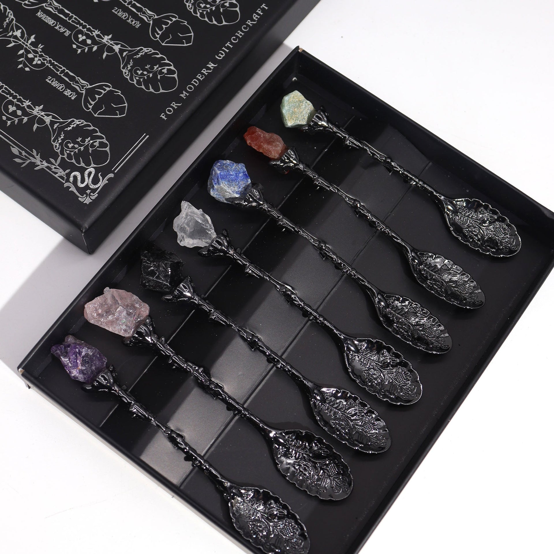 AW Artisan Spoons with Gemstones - Set of 7 Natural Crystal Spoons for Incense, Herbs & Intentional Rituals - Elliotti