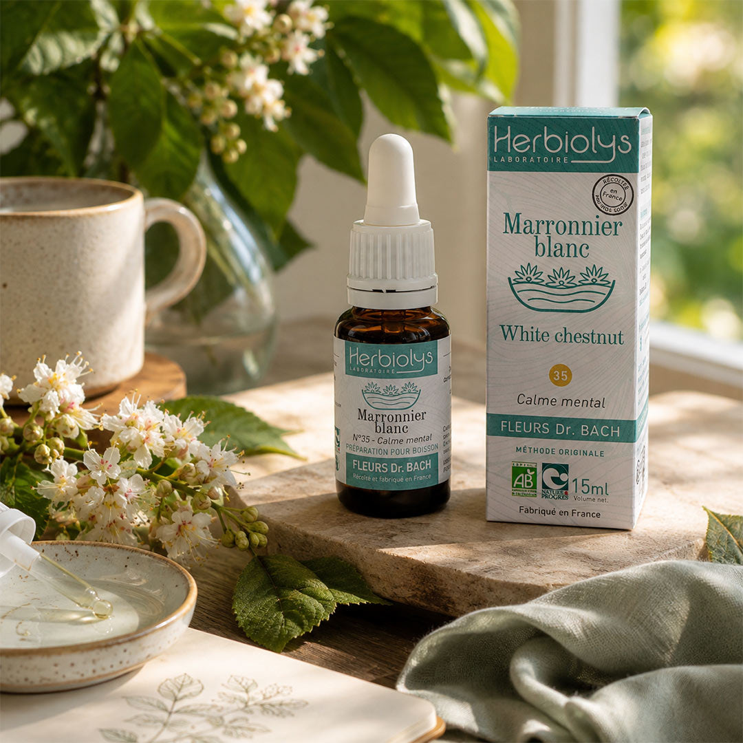 A bottle and box of Herbiolys Laboratoires Marronnier blanc (White Chestnut) essential oil are displayed on a rustic wooden board alongside a ceramic mug, white blossoms, and green leaves in a bright, natural setting.